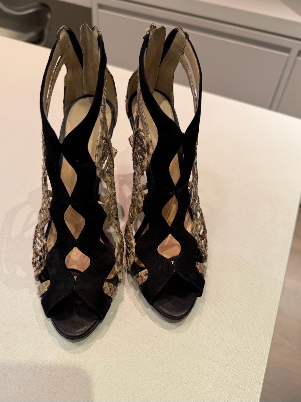 Alexandre Birman Black and Gold Cutout High-Heel Sandals